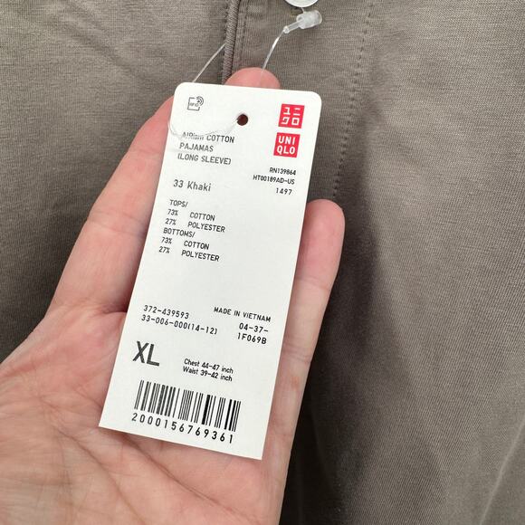 Uniqlo Pajama Set Mens XL AIRism Khaki Tan Sleep Shirt Pants Lounge COMFY NEW - Picture 7 of 13